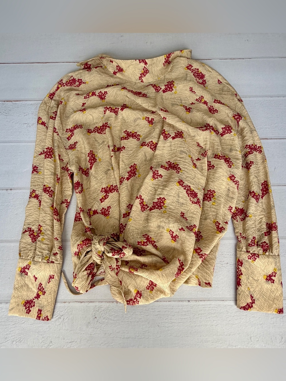 NWT Zara Floral Wrap Tie Blouse Top XS Beige Red Long Sleeve Linen Blend Boho - Picture 6 of 11